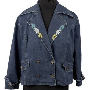 ASHRO Embroidered Denim Jacket Double Breasted Blue Womens Size 12